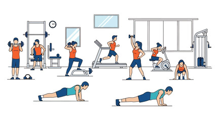 Fototapeta premium diverse group exercising in a modern gym utilizing various equipment for cardio and strength training workouts promoting healthy living.