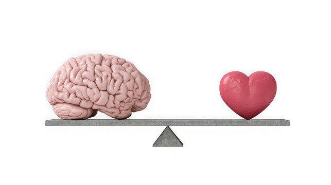 Conceptual representation illustrating the eternal conflict and necessary balance between the logical human brain and the emotional human heart on transparent background