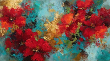Vibrant red floral abstract textured painting