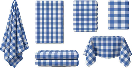 Obraz premium Blue checkered kitchen towel and tablecloth set with realistic folded fabric textile for dining interior decoration vector illustration collection.