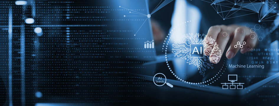 AI Artificial intelligence, Machine learning, Big data analysis and automation technology, business intelligence, data science digital technology icons on virtual screen.