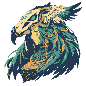 Stylized portrait of a woman with long teal hair wearing an elaborate eagle skull headdress with tribal patterns.