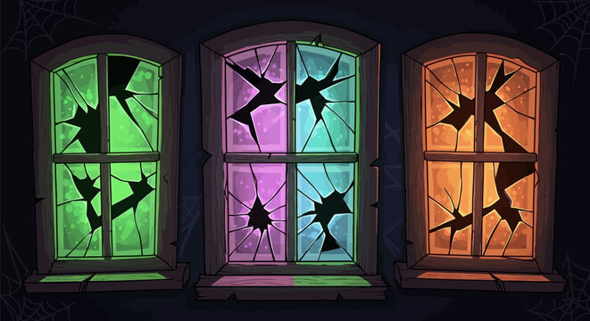 Broken colorful windows with spider webs on dark background
