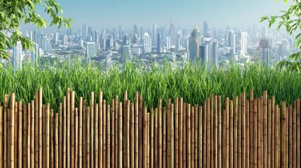 Obraz premium Lush green grass and bamboo fence frame a panoramic cityscape beneath a vibrant blue sky