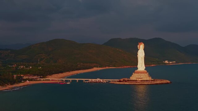 Aerial view Guanyin statue in buddhism center Nanshan temple in Sanya, Hainan island China.