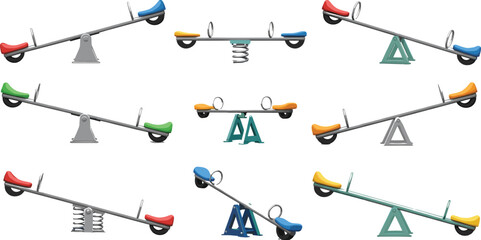 Colorful playground seesaw equipment set with different balance positions children outdoor park activity vector illustration collection.