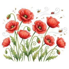 Obraz premium Watercolor botanical illustration of bright red poppies with buds, green foliage, bees and ladybugs on a transparent background, whimsical hand-painted floral artwork