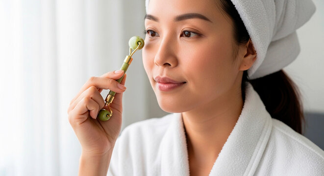 Young Asian woman using a jade roller for facial massage. Skincare routine with green stone tool. Female in white bathrobe and towel at home or spa. Wellness and self-care concept