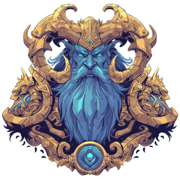 Intricate fantasy illustration of a majestic blue-skinned god or titan with a long beard, glowing eyes, and elaborate golden horned armor.