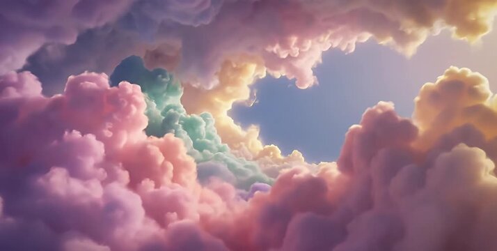 A breathtaking view of soft, pastel-colored clouds forming a dreamlike sky with an opening revealing a clear blue patch.