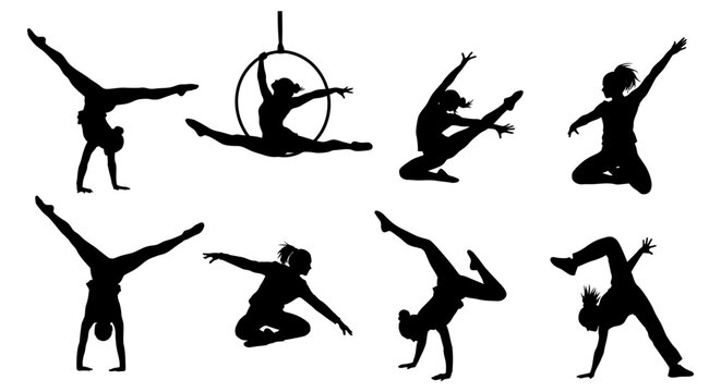 dynamic silhouettes of female gymnasts and acrobats performing handstands splits aerial hoop symbolizing strength and flexibility.