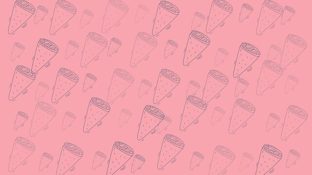 Fun handdrawn cartoon pattern of tamales doodles on pink background suitable for food packaging, kitchen decor, and textiles.