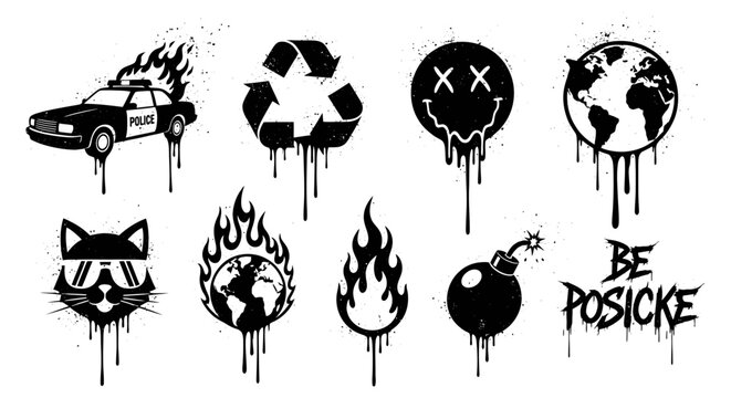 edgy graffiti style urban protest symbols set featuring burning police car melting globe and distressed counter-culture icons for art.