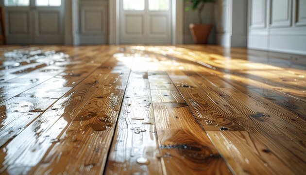Realistic FlyPro Firefly view of severely flood-damaged flooring, featuring warped wooden planks and buckled linoleum from prolonged water exposure, captured with detailed realism.