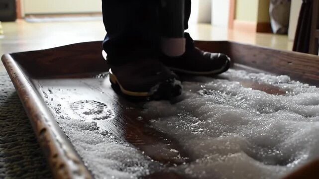 Snowy boots on wooden tray.