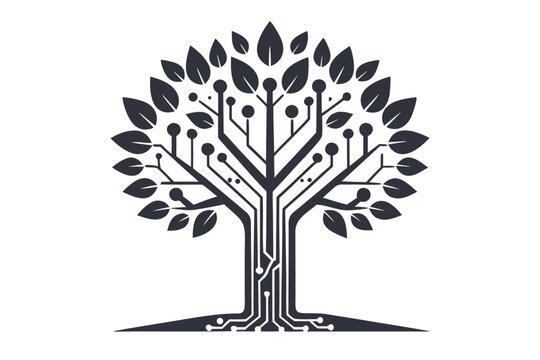 Green Computing Concept Silhouette, Tree Growing from Electronic Components Vector Illustration