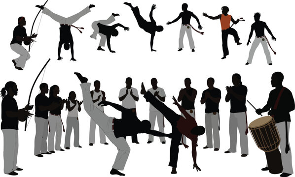 Silhouette vector illustration of capoeira performers in action, playing instruments like berimbau and drumming, set against a white background.