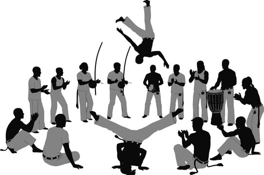 Vector illustration depicting a capoeira circle with musicians playing instruments and performers executing dynamic acrobatic moves and poses.