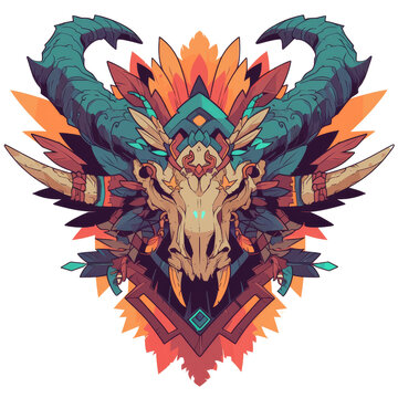 Intricate stylized illustration of a mythical horned skull adorned with vibrant feathers and geometric tribal patterns.