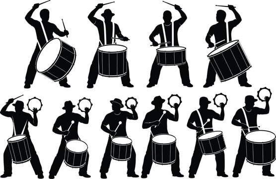 Silhouette vector illustration of a marching band drumming ensemble playing large bass drums and smaller hand drums with drumsticks, showcasing musical performance.