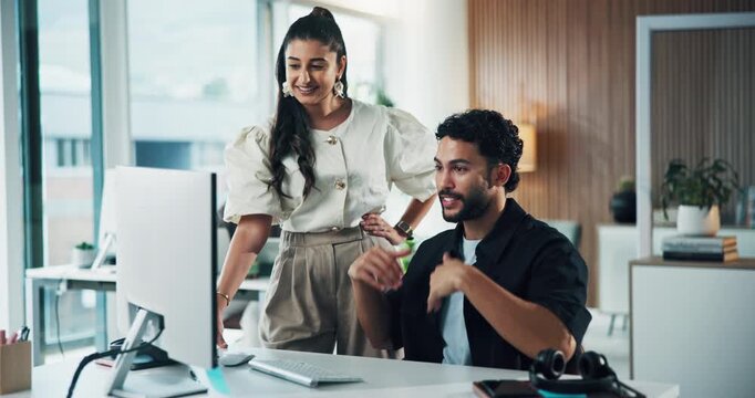 Computer, fist bump and business people in office with feedback, advice or review on creative project. Celebration, technology and magazine editor with manager for article publishing at agency.