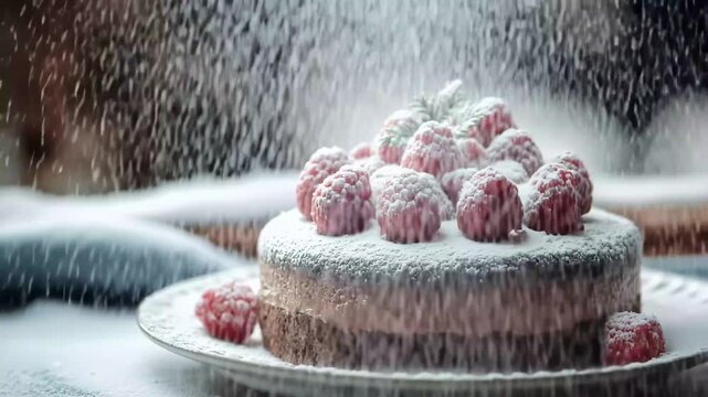 Chocolate cake topped with fresh raspberries, showcasing a rich dessert with vibrant red fruit accents.
