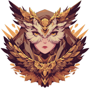 Stylized illustration of a mysterious female character with an elaborate golden owl mask and feathered attire, featuring intricate details and a regal aesthetic.