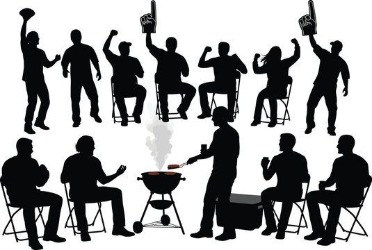 Silhouette of football fans celebrating at a tailgate party with grilling and foam fingers