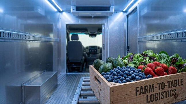 Fresh fruits and vegetables in refrigerated delivery truck &ndash; farm-to-table logistics