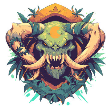 A stylized green monster skull with large tusks, horns, and sharp teeth, adorned with jungle leaves and a tribal shield background.