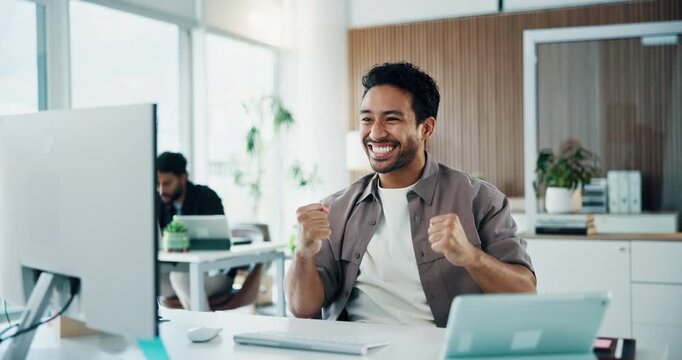 Victory, fist pump or man in agency with computer, viral article or story promotion for magazine. Achievement, coworking or journalist with tech, career milestone or editorial success in newsroom.