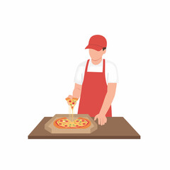 A chef in red apron serving a pizza slice from a freshly baked pizza on a wooden board