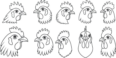 Chicken and rooster head outline illustrations set with detailed farm poultry line art designs illustrated in clean minimal black and white vector style © Rownok