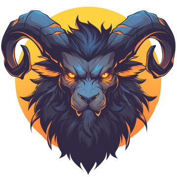 A fierce, stylized lion-ram hybrid creature with glowing orange eyes and dark blue fur against a vibrant yellow circular background.