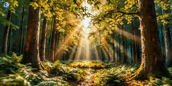 Sunlight piercing through a dense forest canopy, illuminating the vibrant green undergrowth and creating a magical, serene atmosphere.