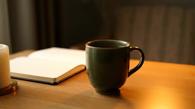 Cozy Desk Setup with Candle, Notebook, and Coffee Mug.