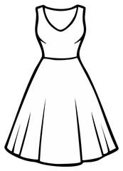 Outlined illustration of a vintage style dress with a V-neck and flared skirt.