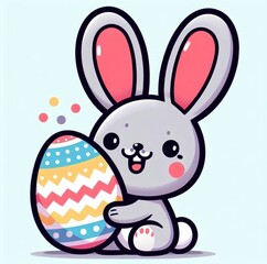 Obraz premium Cute cartoon Easter bunny holding a colorful decorated egg. Vector illustration