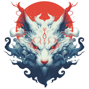 Mystical white cat spirit with glowing red eyes and horns, against a red sun, in a Japanese art style with swirling cloud-like fur.