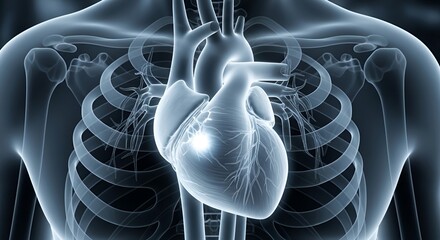 Anatomical illustration of a human heart within the rib cage.