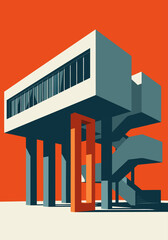 Obraz premium Modern Abstract Building Illustration with Pillars in Vibrant Orange Vector Graphic Design