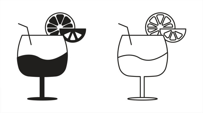 Alcoholic cocktail icons. Martini cocktails. This set includes martini, mojito, whiskey, and wine. Drink glass symbols. Icon set for restaurants, pubs, and bars. Suitable for logos and designs. Vector