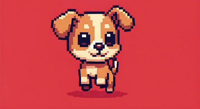 Cute Pixel Art Puppy Dog Character on Red Background, Retro 8-bit Style