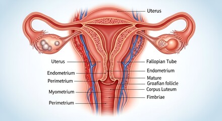 Anatomical illustration of the female reproductive system with detailed labeling.