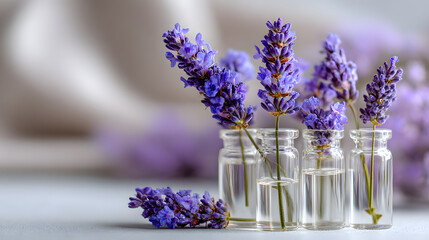 Fototapeta premium avender spikes in clear glass jar. clean cosmetic laboratory scene. perfume ingredient research concept . Lavender essential oil, Lavender extract.