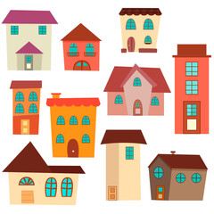 Naklejka premium Collections of colorful flat house illustrations, cartoon neighborhood buildings and city dwellings