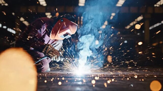 Welding sparks flying as a worker welds metal in an industrial setting from a low angle