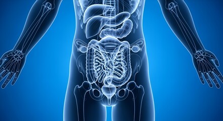 3D rendering of the human digestive system and internal organs in a transparent body on a blue background.