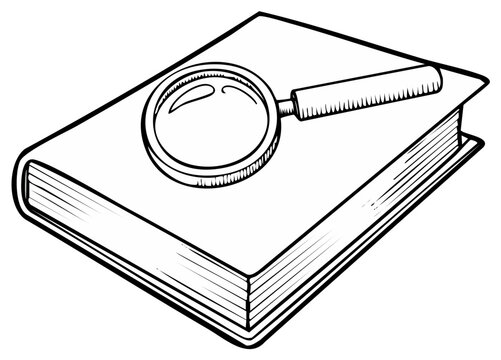 Magnifying Glass Resting on a Closed Book Illustration Search Concept Line Art Study Reading Discovery Investigation Exploration