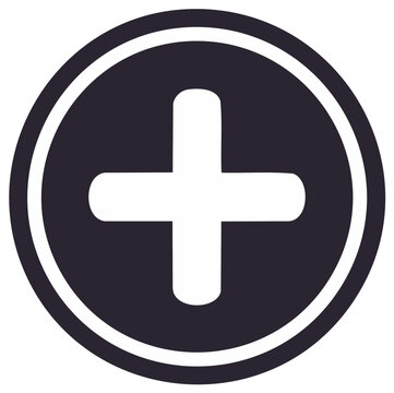 Modern digital icon featuring a white plus symbol inside a dark grey circular shape